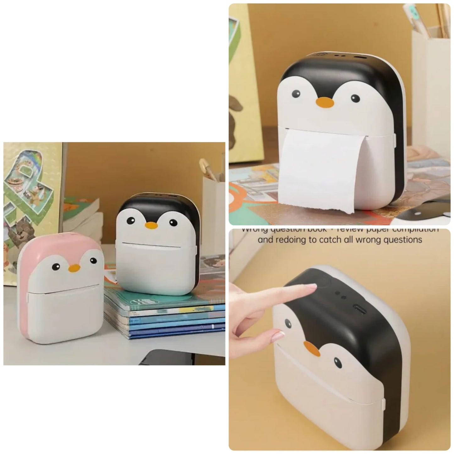 Mini printer C9 Small Portable Rechargeable Printer With Cute Penguin Design, Including A Roll Of Thermal printer Paper