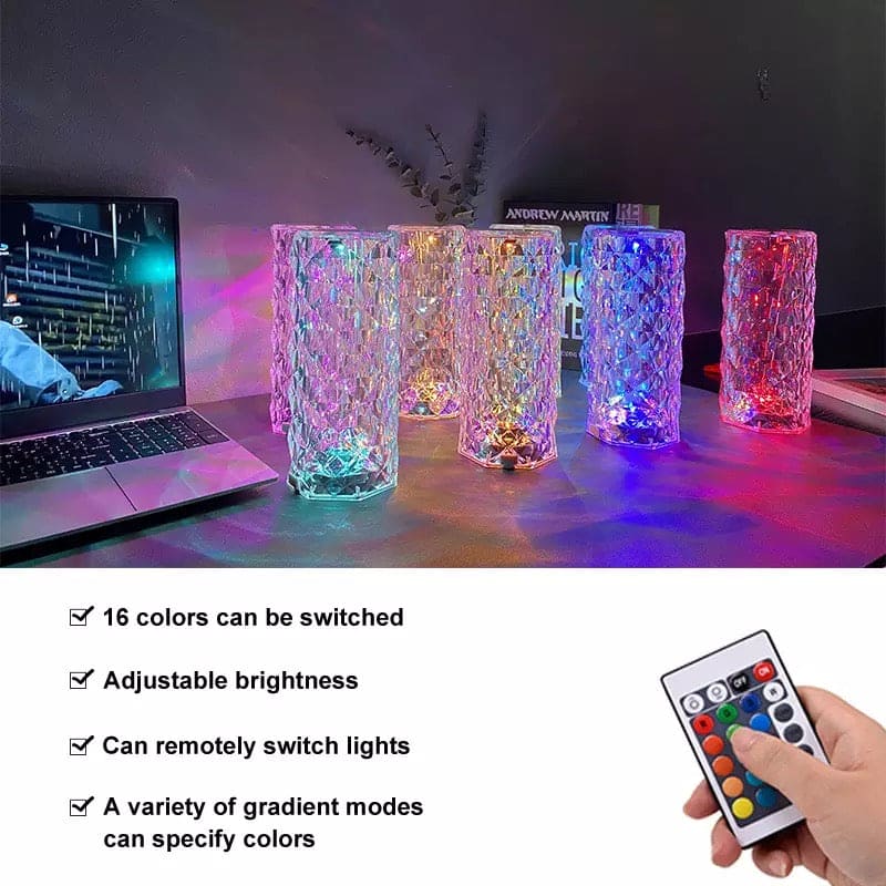 Rose Crystal Rechargeable Table Lamp, Diamond Touch Sensor Battery Desk Lamp, LED Romantic Desk Light, RGB Remote Control Night Light Projection Table Lamp, Decorative Lamp